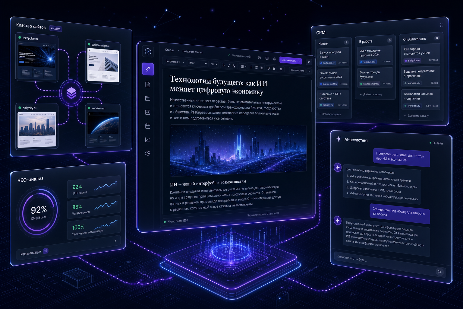 Интерфейс Afina News: редактор, CRM, мультисайт, AI-ассистент